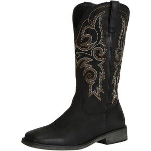 Black Women's Wide Width Cowboy Boots Square Toe Mid Calf Western Cowgirl Boots
